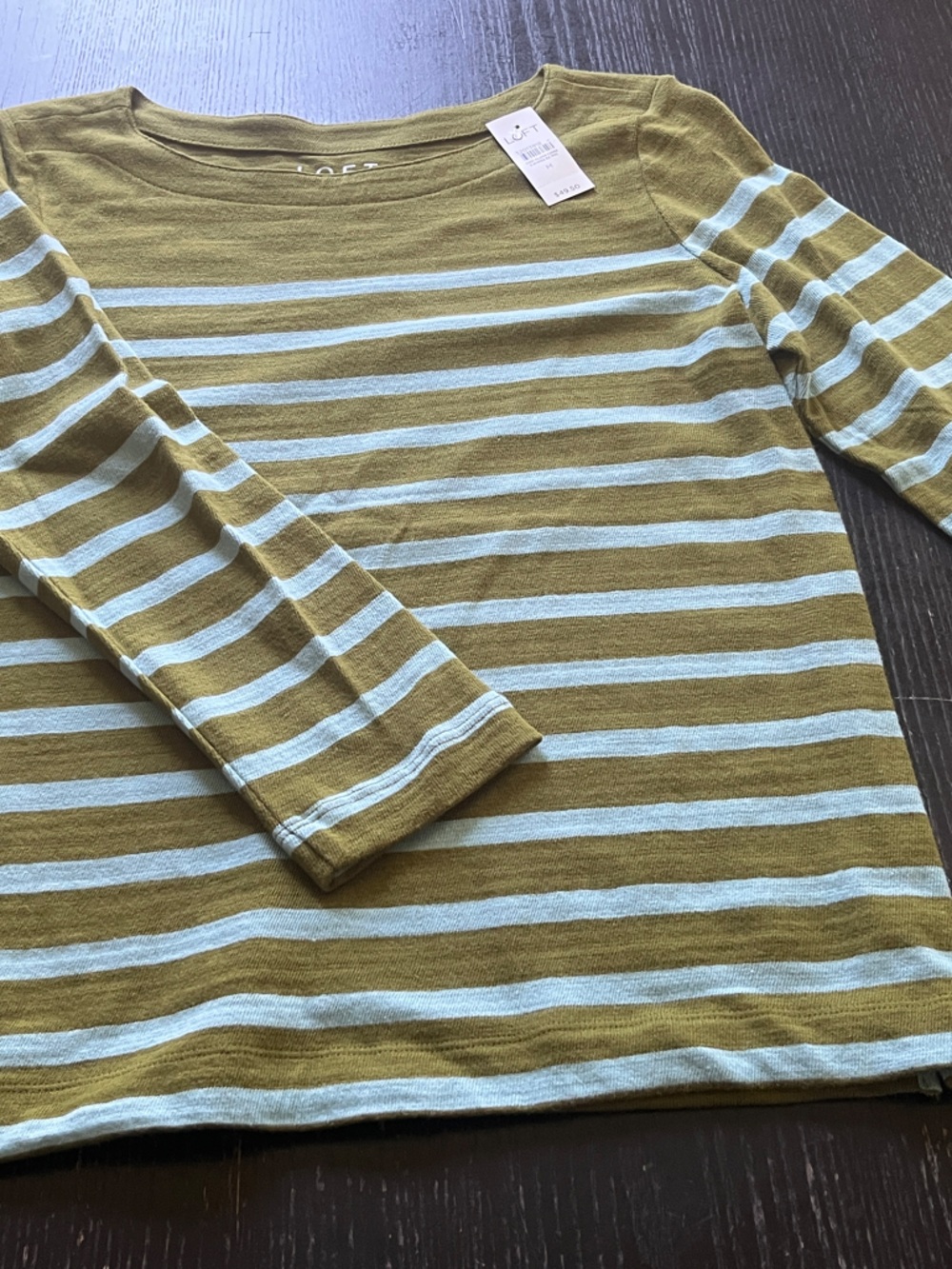 LOFT Olive Green and Light Blue Striped Long Sleeve Kids Tee